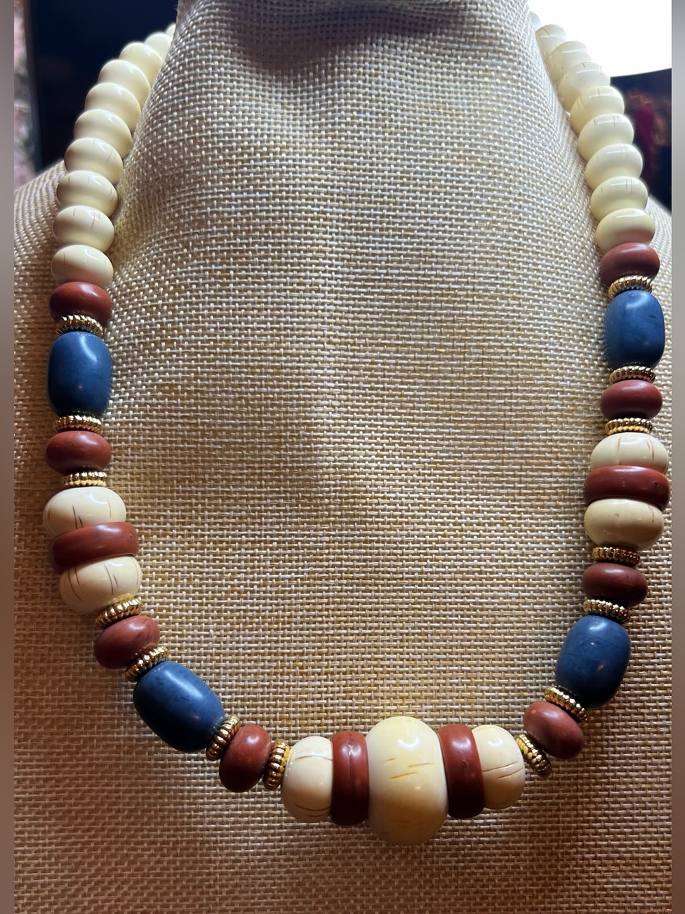 Ivory, Blue & Brown Bead Necklace